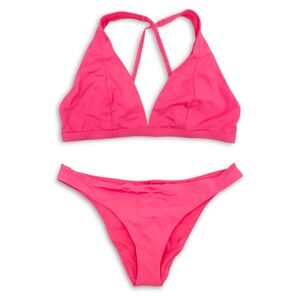 NWT Fabletics Pink Punch Neon Bikini Set Plunge Swim Top + Cheeky Bottom Large